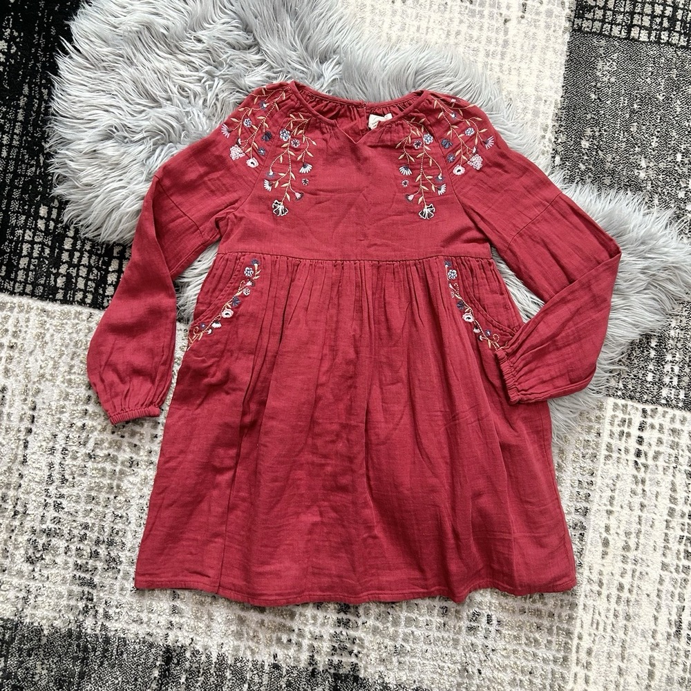 PEEK Girls Red Long Sleeve Floral Embroidered Dress Size 12
